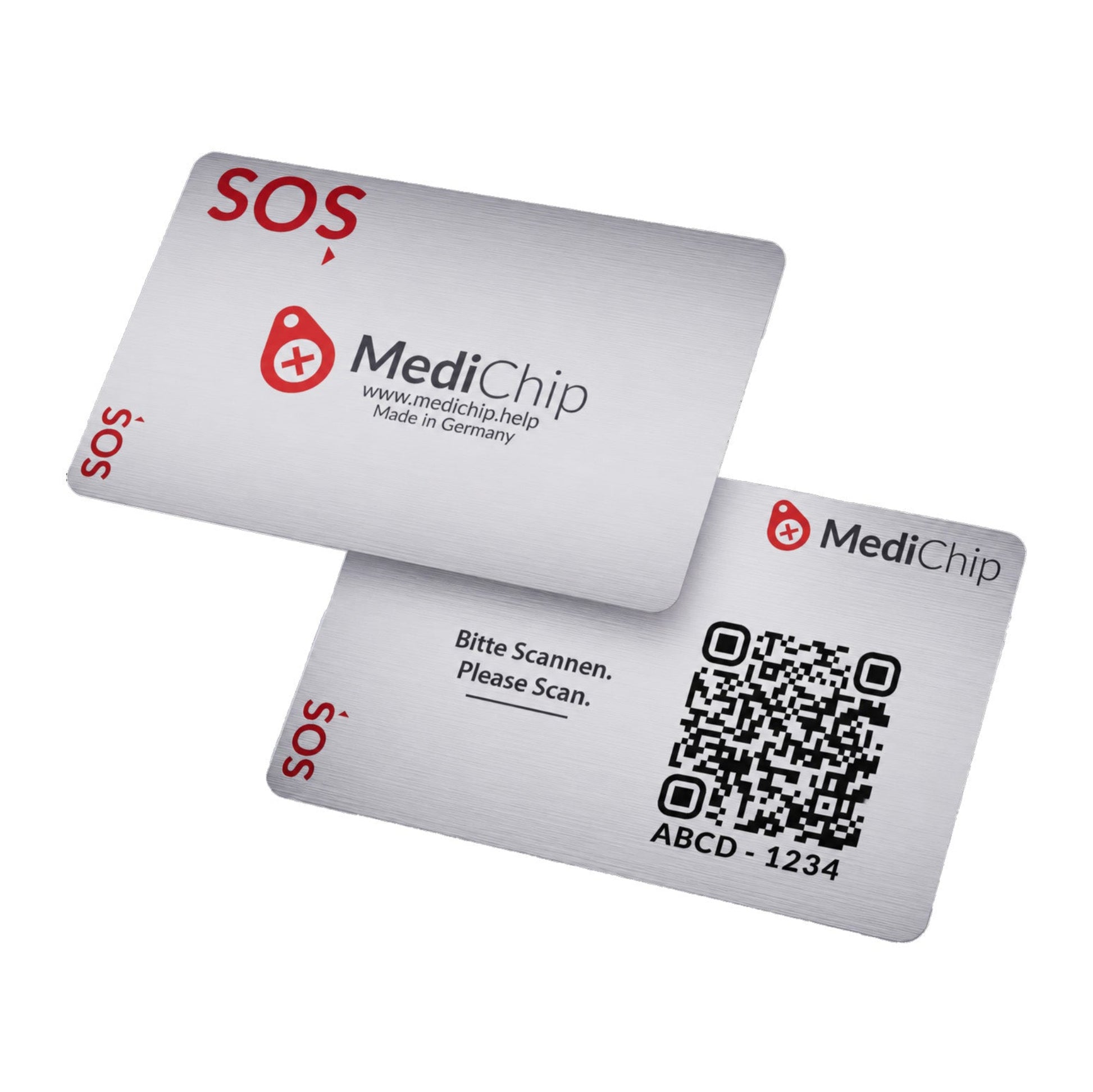 SOS medichip Karte aus Edelstahl im Scheckkartenformat mit QR-Code für Notfallinformationen