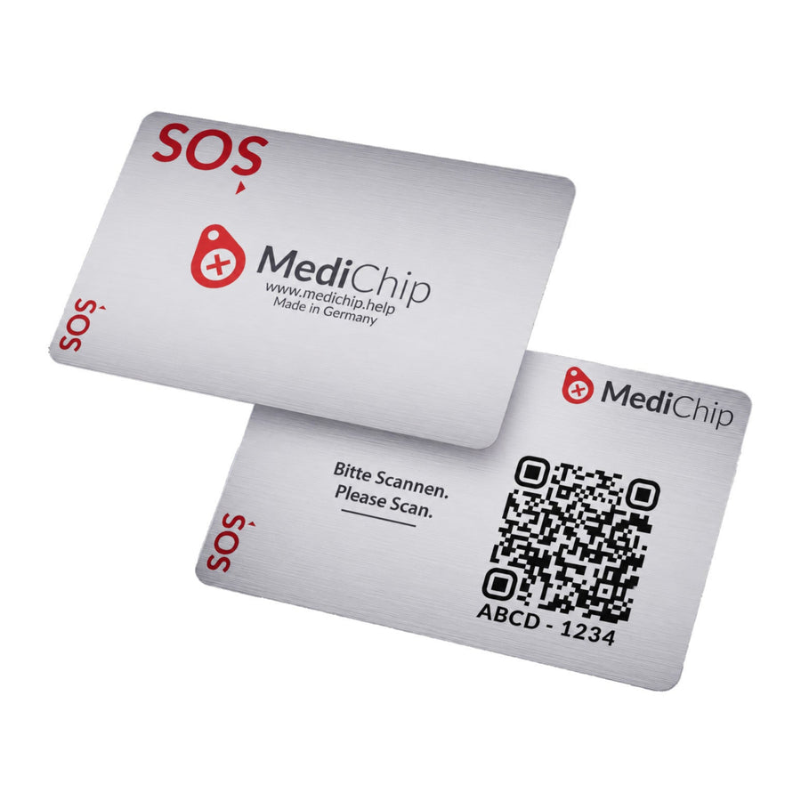 SOS medichip Karte aus Edelstahl im Scheckkartenformat mit QR-Code für Notfallinformationen
