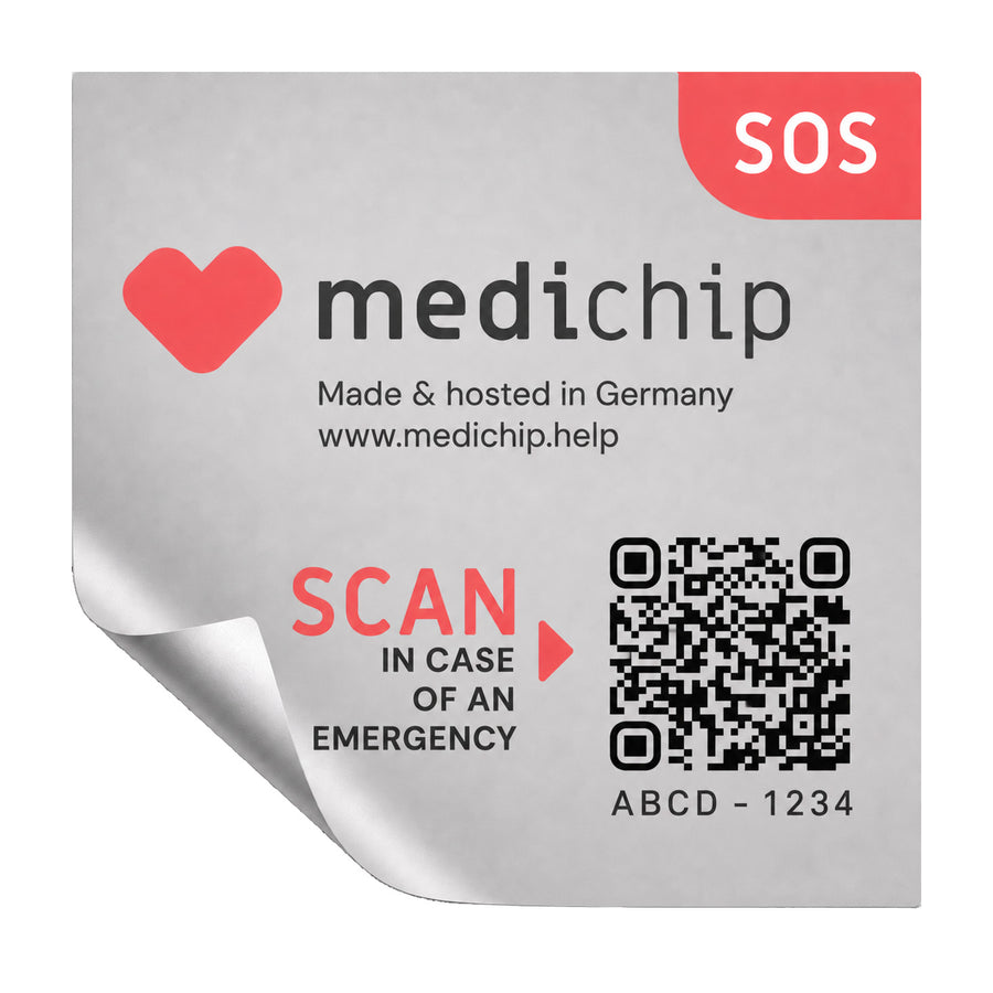SOS medichip Sticker mit QR-Code und SOS-Kennzeichnung für Gesundheitsdaten und Notfallkontakte